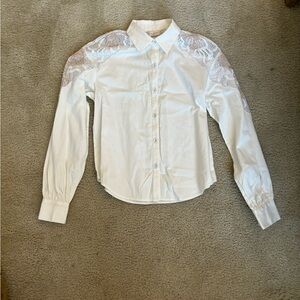 Ramy Brook white button up blouse with lacy detailed shoulders